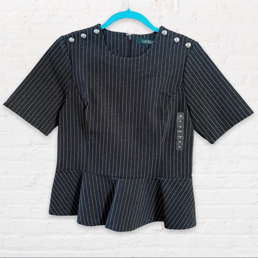 LAUREN Ralph Lauren Grey & White Striped Peplum Blouse | Size: M